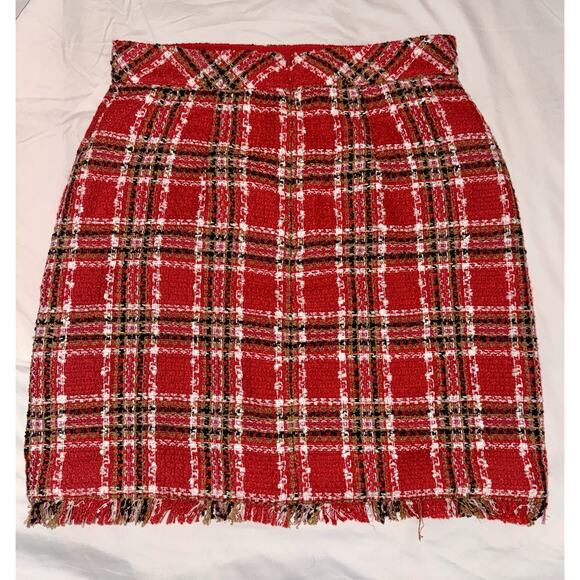 Ann Taylor Plaid Fringe Tweed Skirt Classic Red 578511 Sz 4 Top Of Knee NWOT - Picture 4 of 16